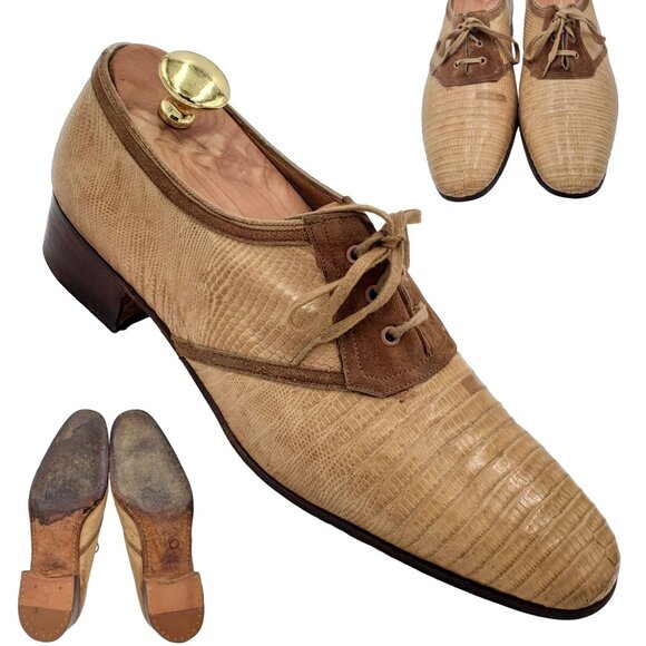 Vintage Mauri Italy Mens 9 Exotic Lizard Beige Tan Brown Dress Shoe Derby Oxford main image 6